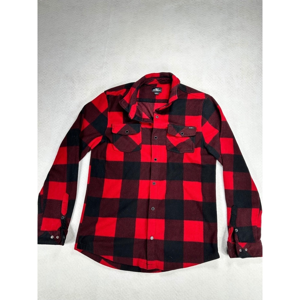ONeill Mens L Large Red Black Buffalo Plaid Superfleece Button Down Flannel